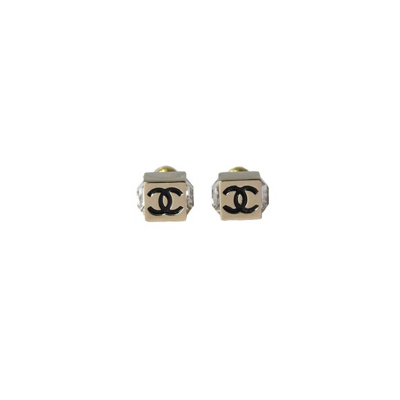 Chanel CC Metal Enamel With Crystal Strass Square Stud Earrings Gold - Picture 1 of 2